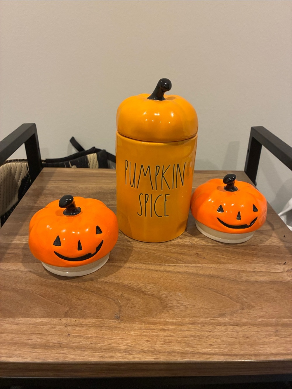 Rae Dunn Pumpkin Spice Ceramic Candle includeBright Orange Jack-O'-Lanterns Lids